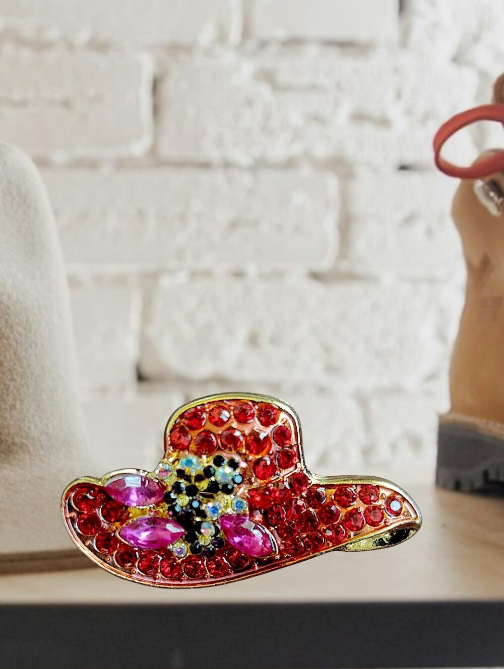 Red Rhinestone Floral Women's Hat Brooch